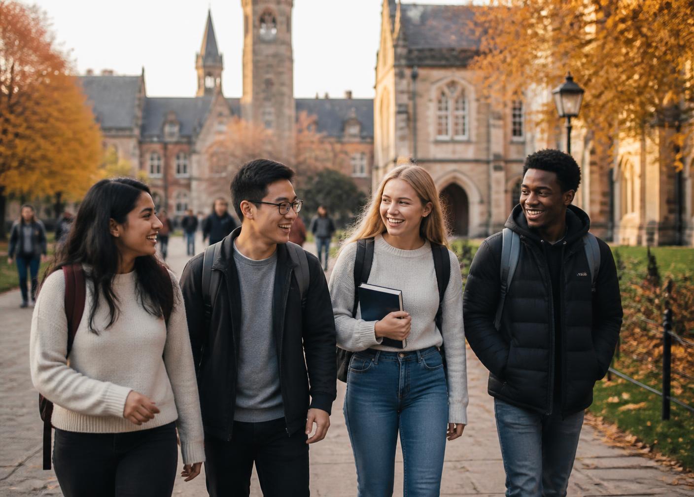 International students walking together on a university campus