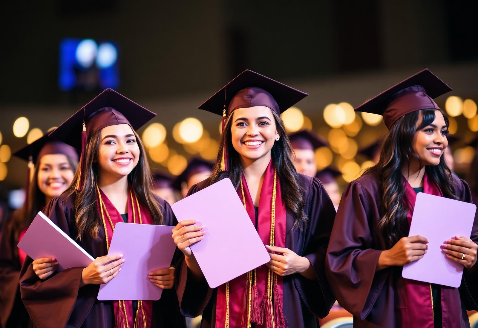 Diverse graduates in caps and gowns holding diploma certificates