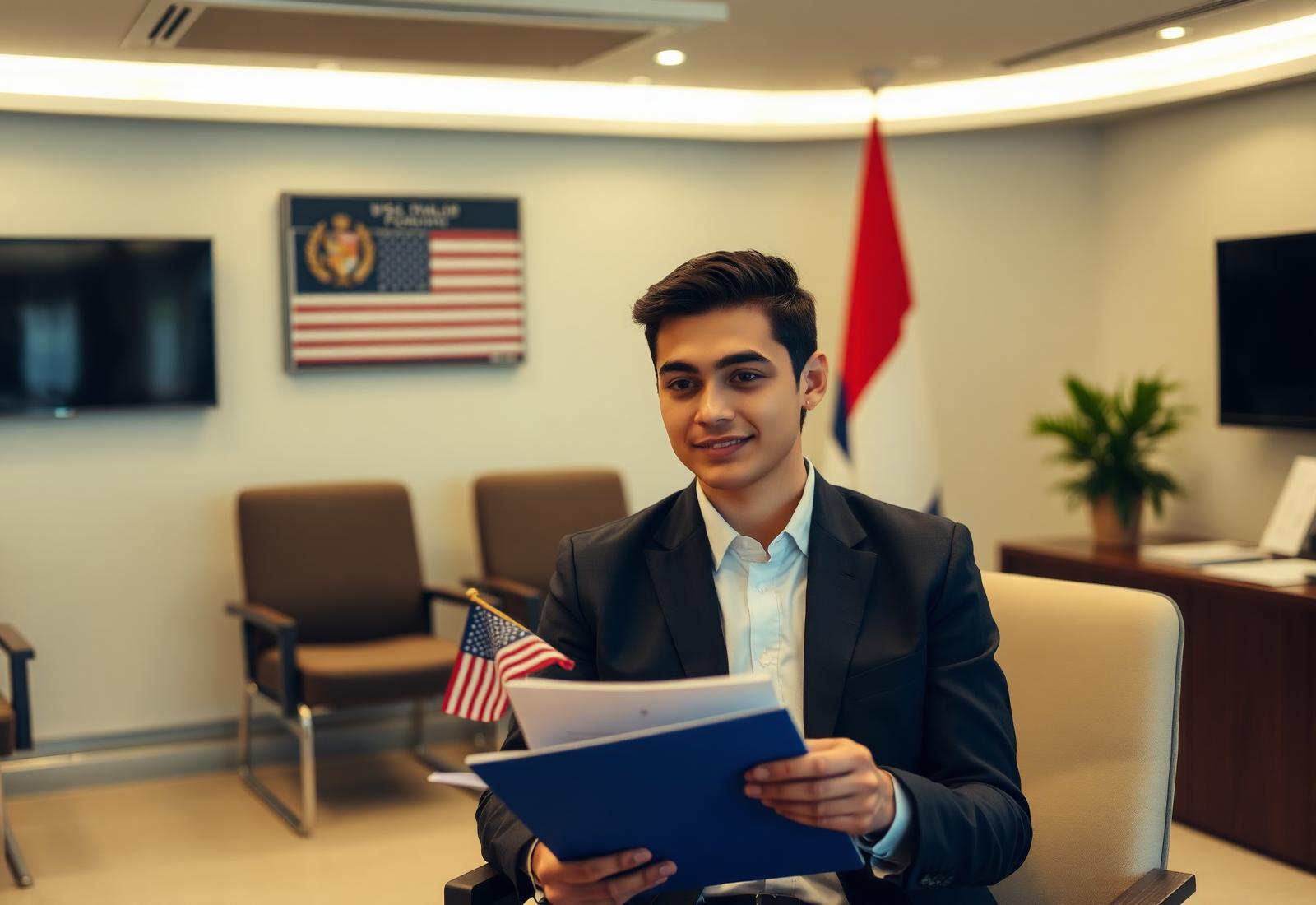 Student in Dubai preparing US F1 student visa documents at consulate
