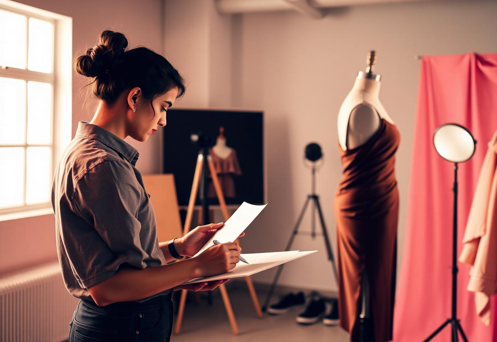 Fashion design student sketching and draping fabric on a mannequin