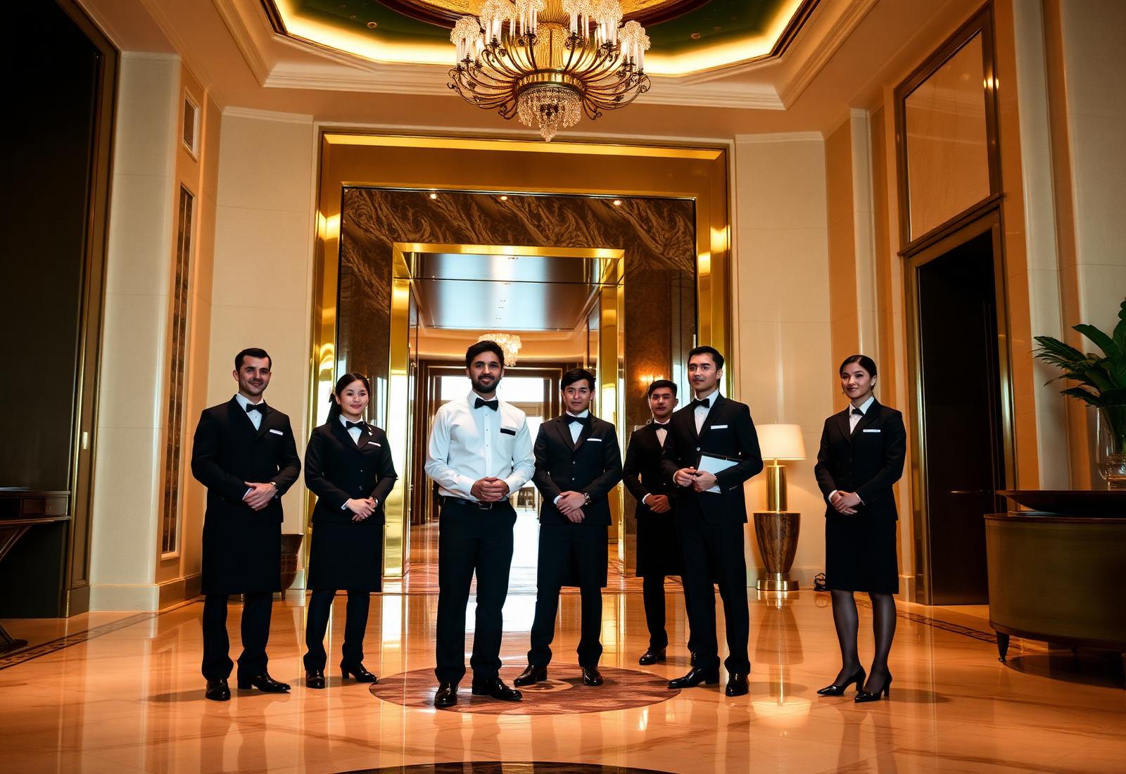 Hotel management students in formal uniforms in an elegant Dubai hotel lobby
