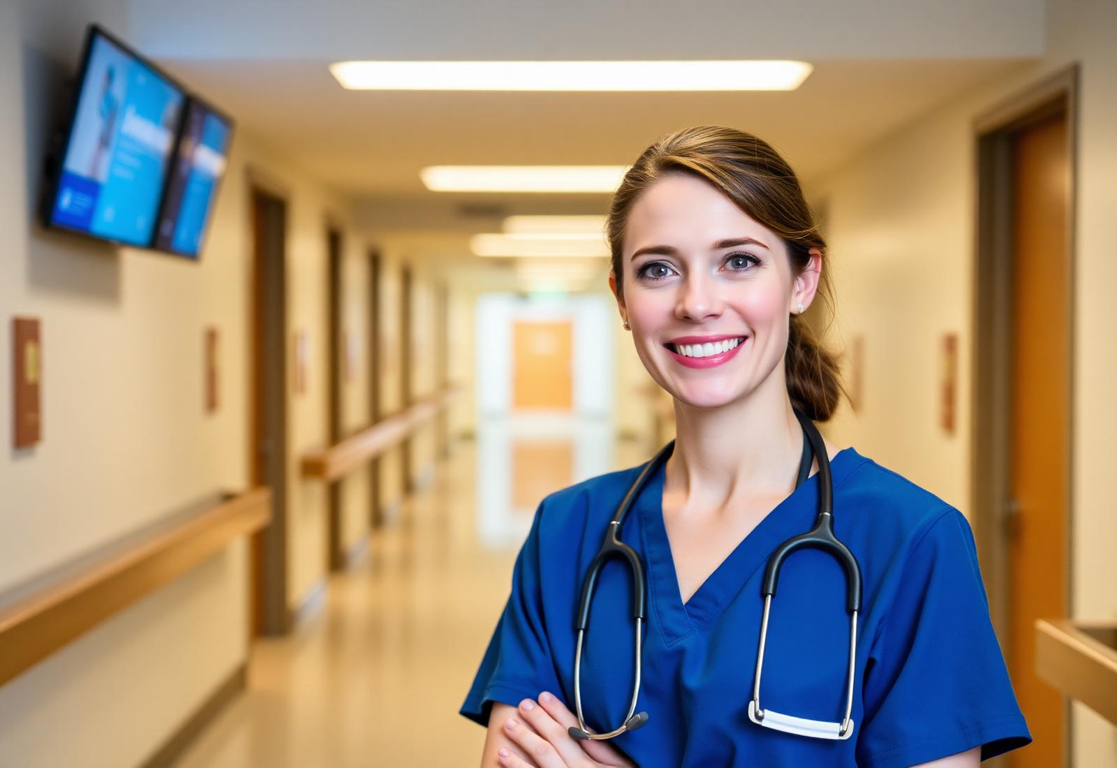 Nurse in blue scrubs with stethoscope smiling in a modern German hospital