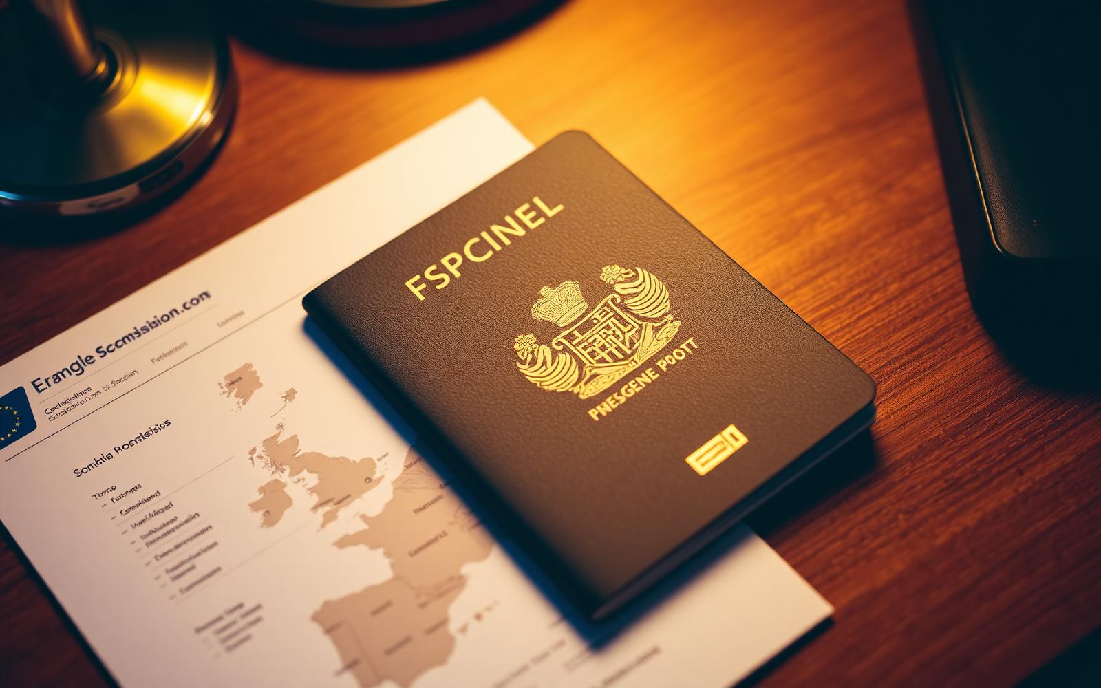 European passport with Schengen visa stamps and travel map