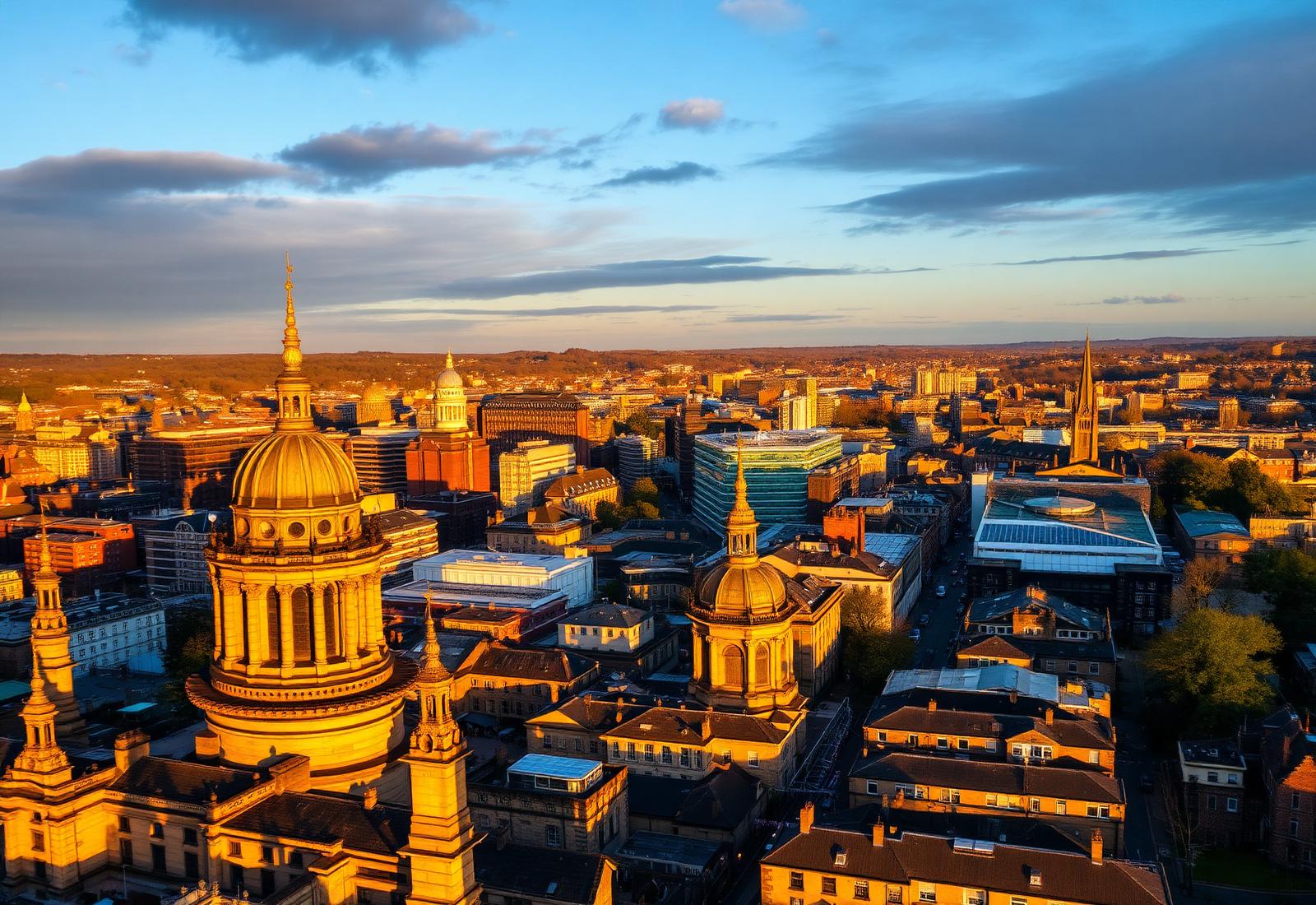 Historic UK city skyline at golden hour with red-brick university buildings