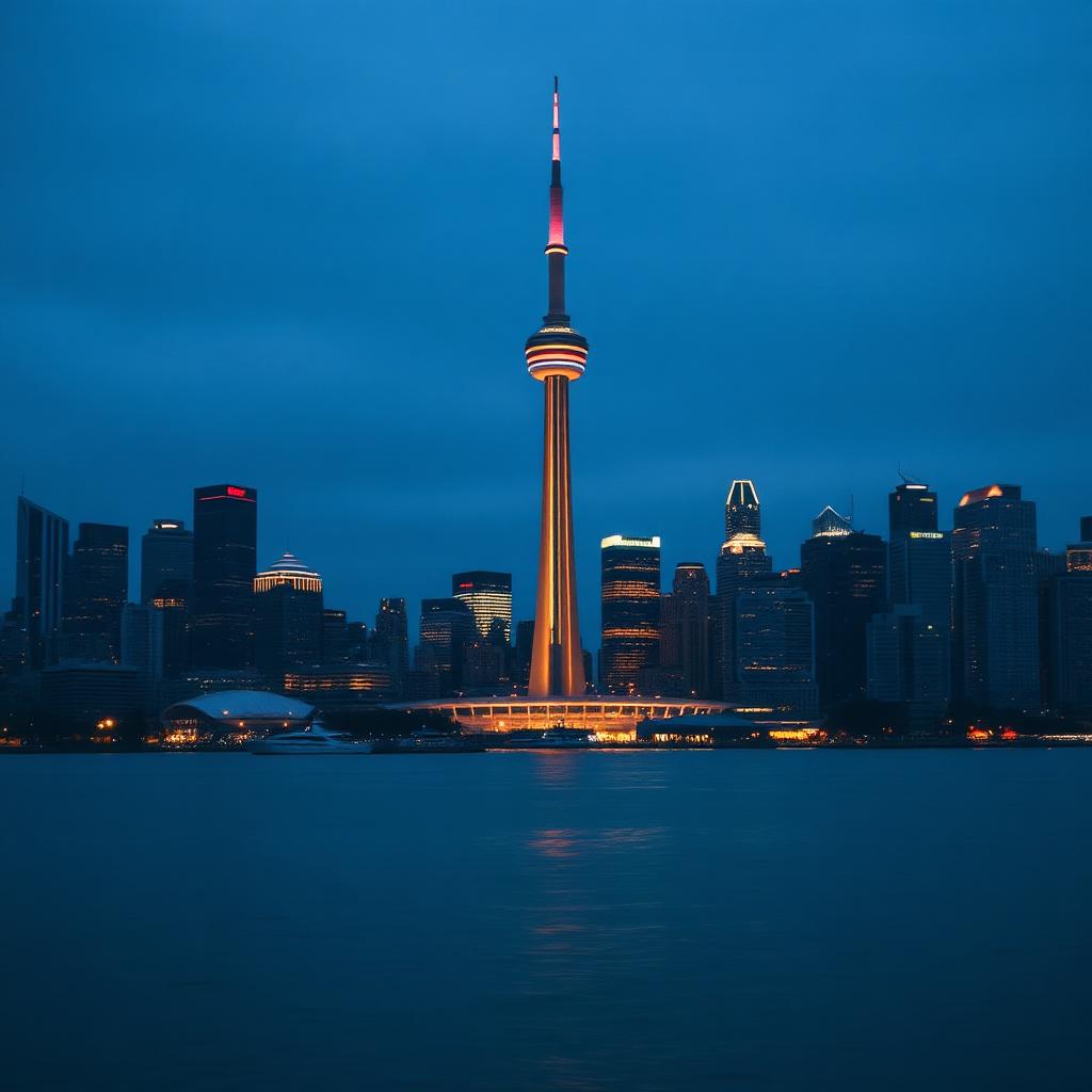 Toronto skyline with CN Tower at blue hour representing Canadian universities