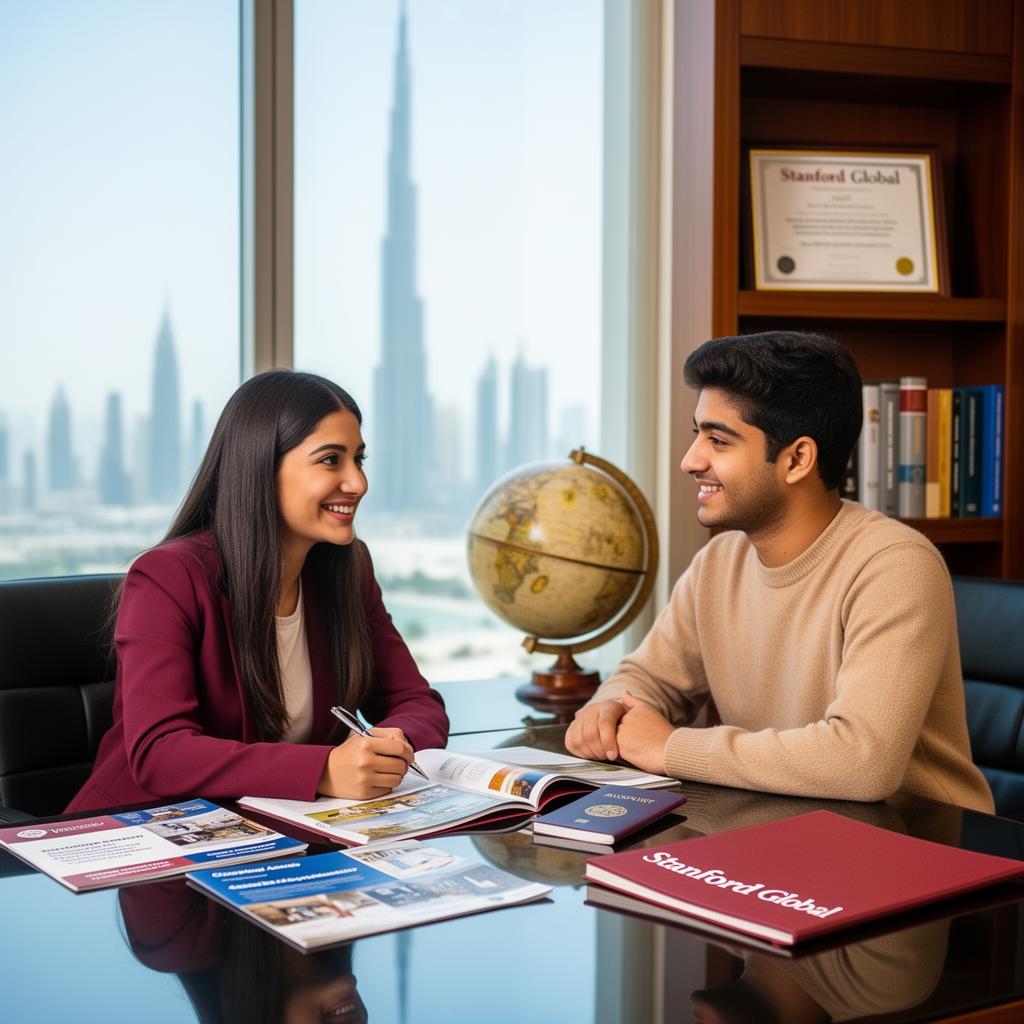 Stanford Global counsellor with a student in Dubai office