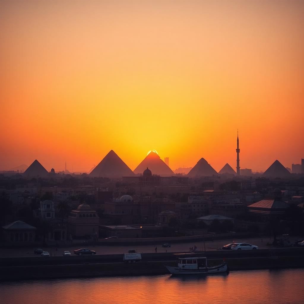 Cairo skyline with the Pyramids of Giza at sunset
