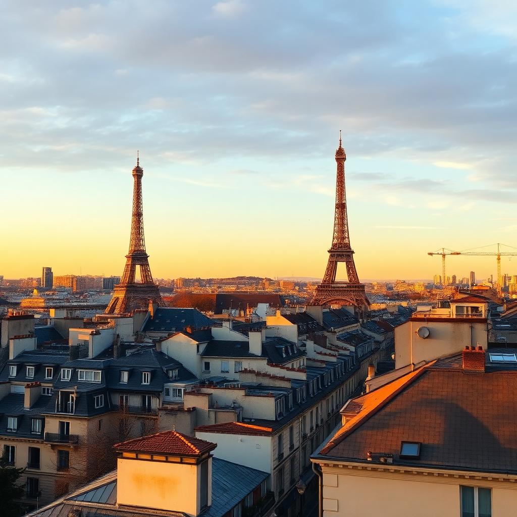 Paris rooftops with the Eiffel Tower at sunset
