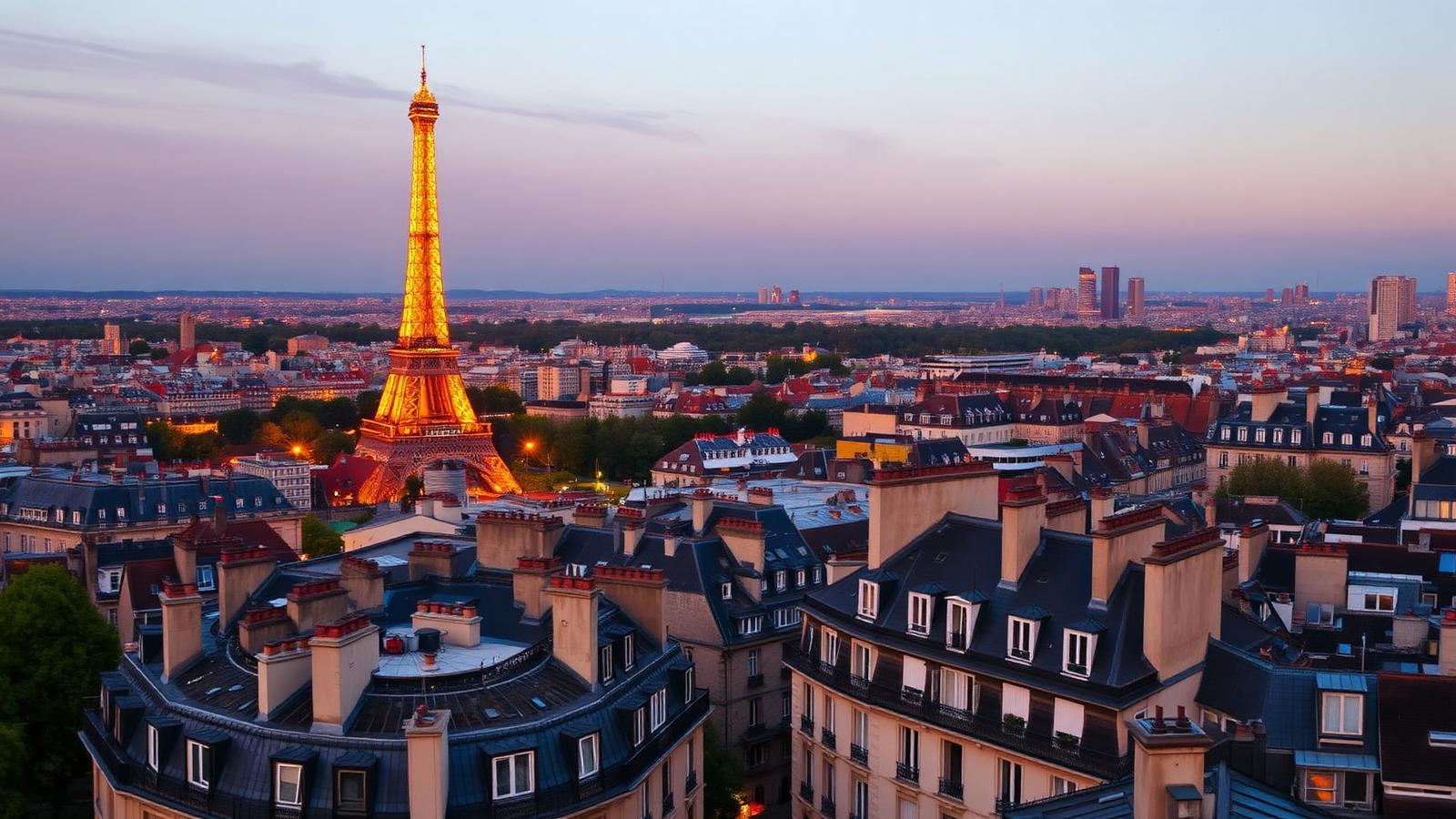 Paris rooftops and the Eiffel Tower at golden hour
