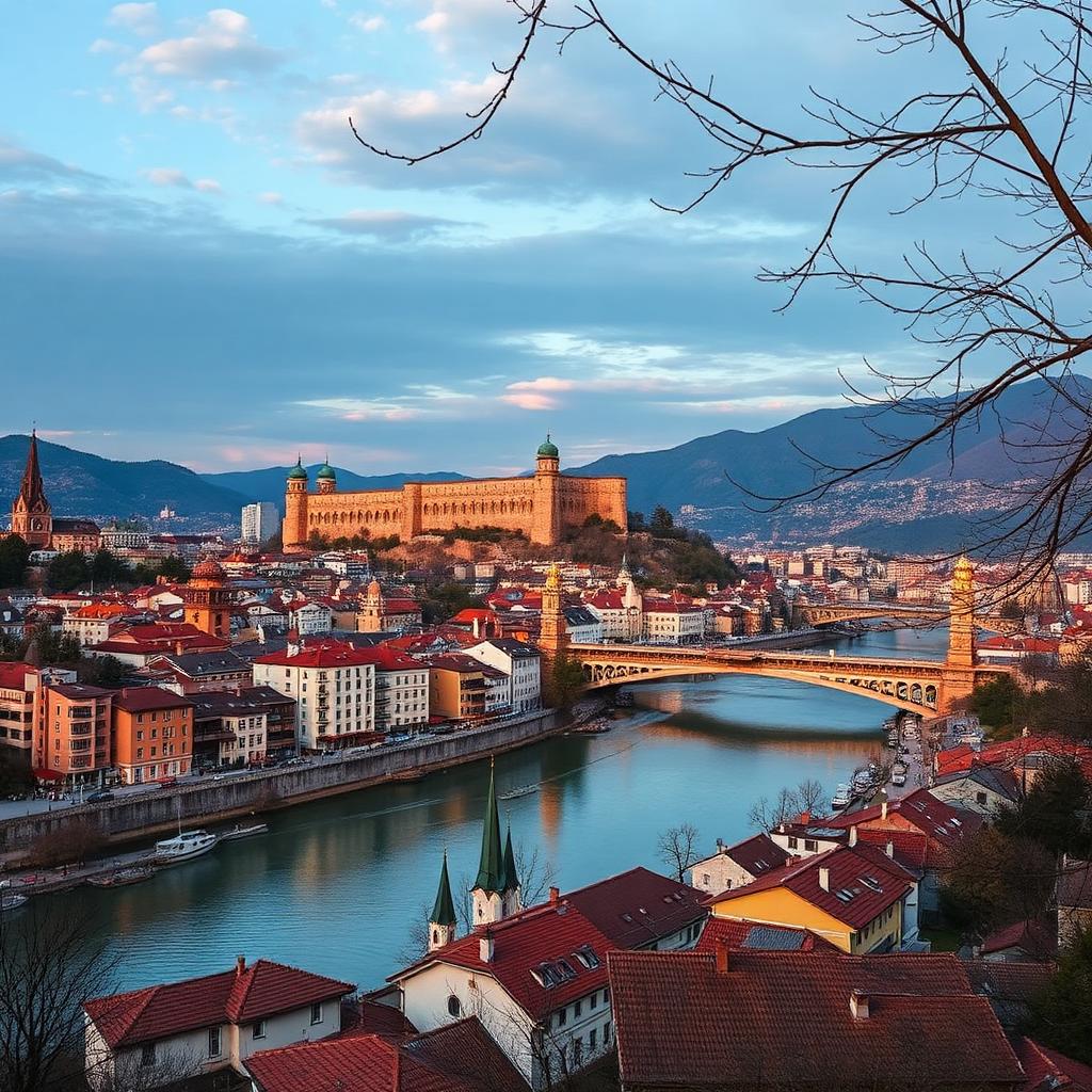 Tbilisi Old Town with Narikala Fortress at sunset
