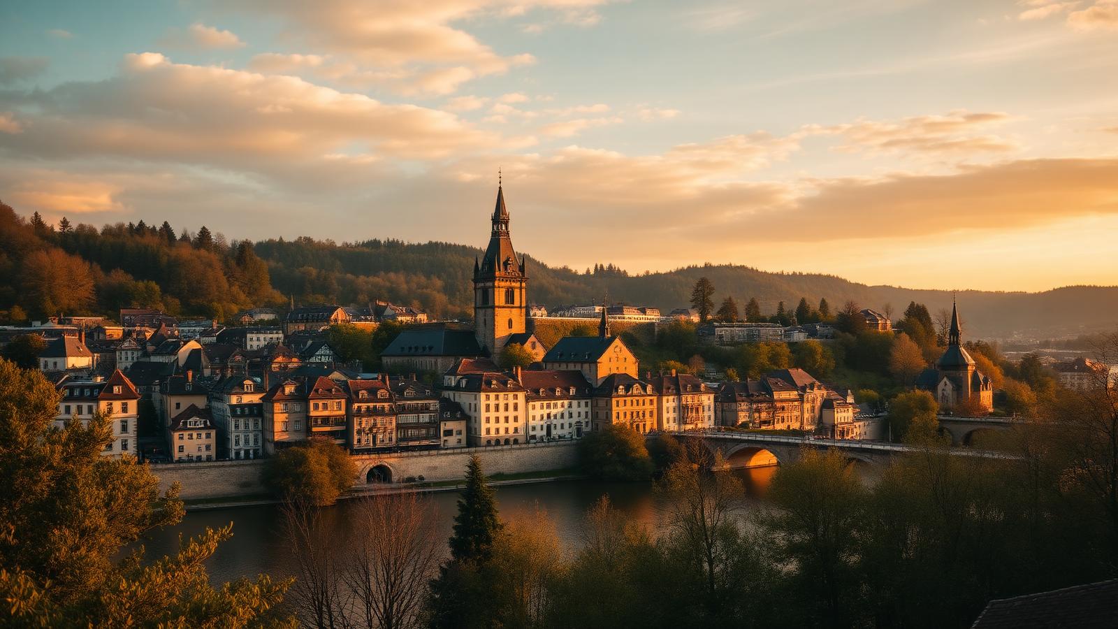Heidelberg old town and castle above the Neckar river at golden hour