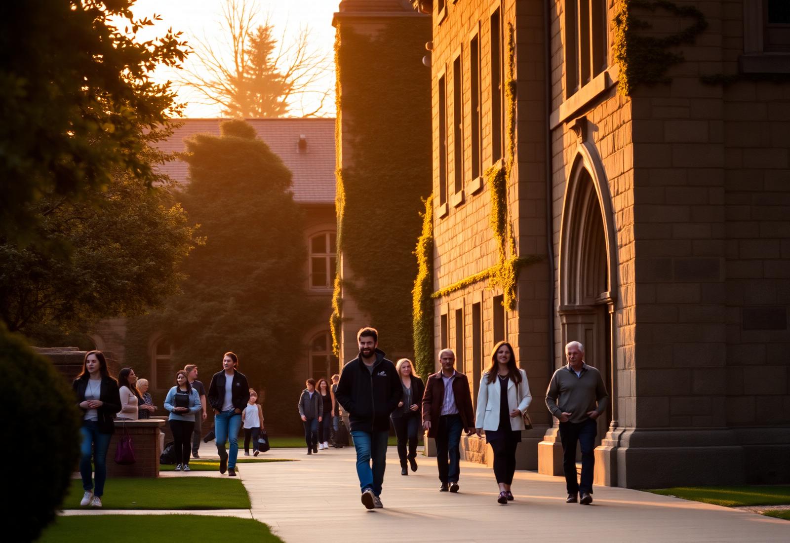 University campus at golden hour — students walking past stone academic buildings