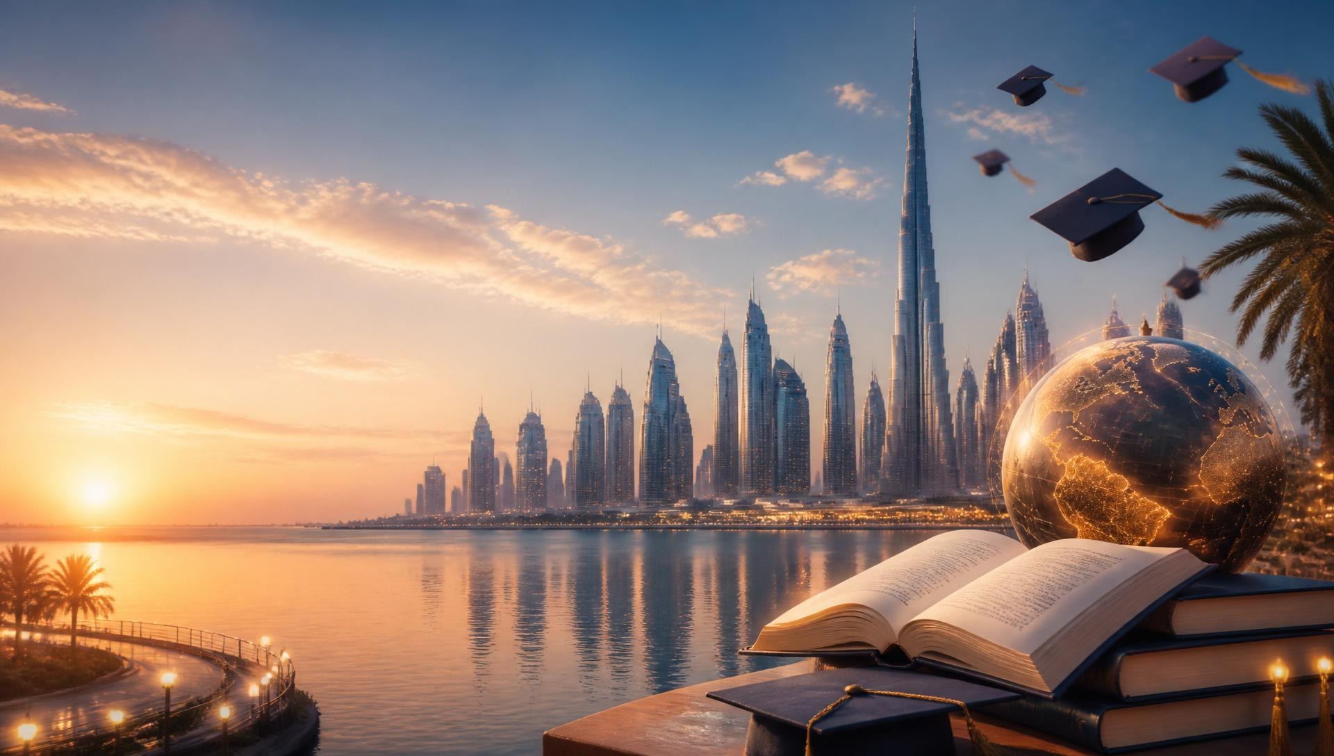Dubai skyline at golden hour with books, graduation caps and a glowing globe symbolising study abroad opportunities