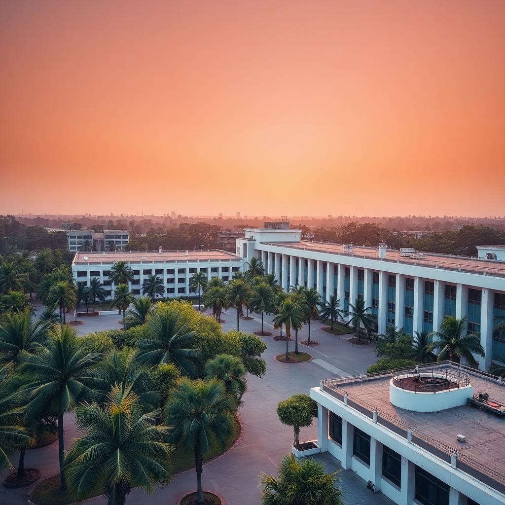 Modern Indian university campus at golden hour