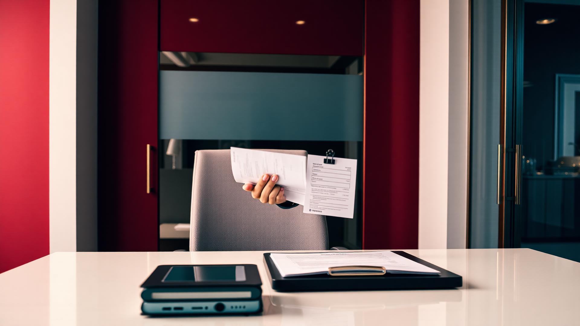 Consultant returning documents and a receipt across a desk in a Dubai office