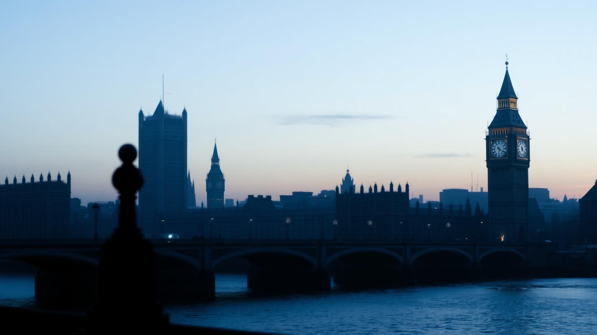London skyline with Big Ben, Westminster and the River Thames at golden hour