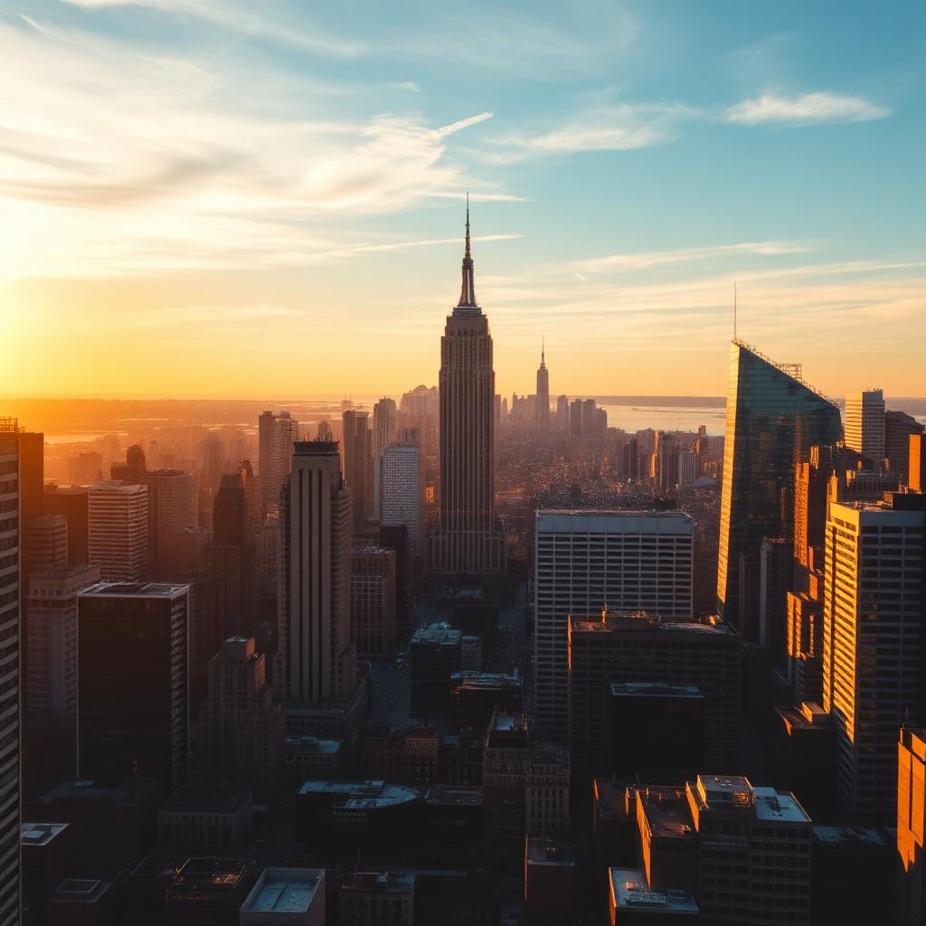 Manhattan skyline at golden hour representing US universities