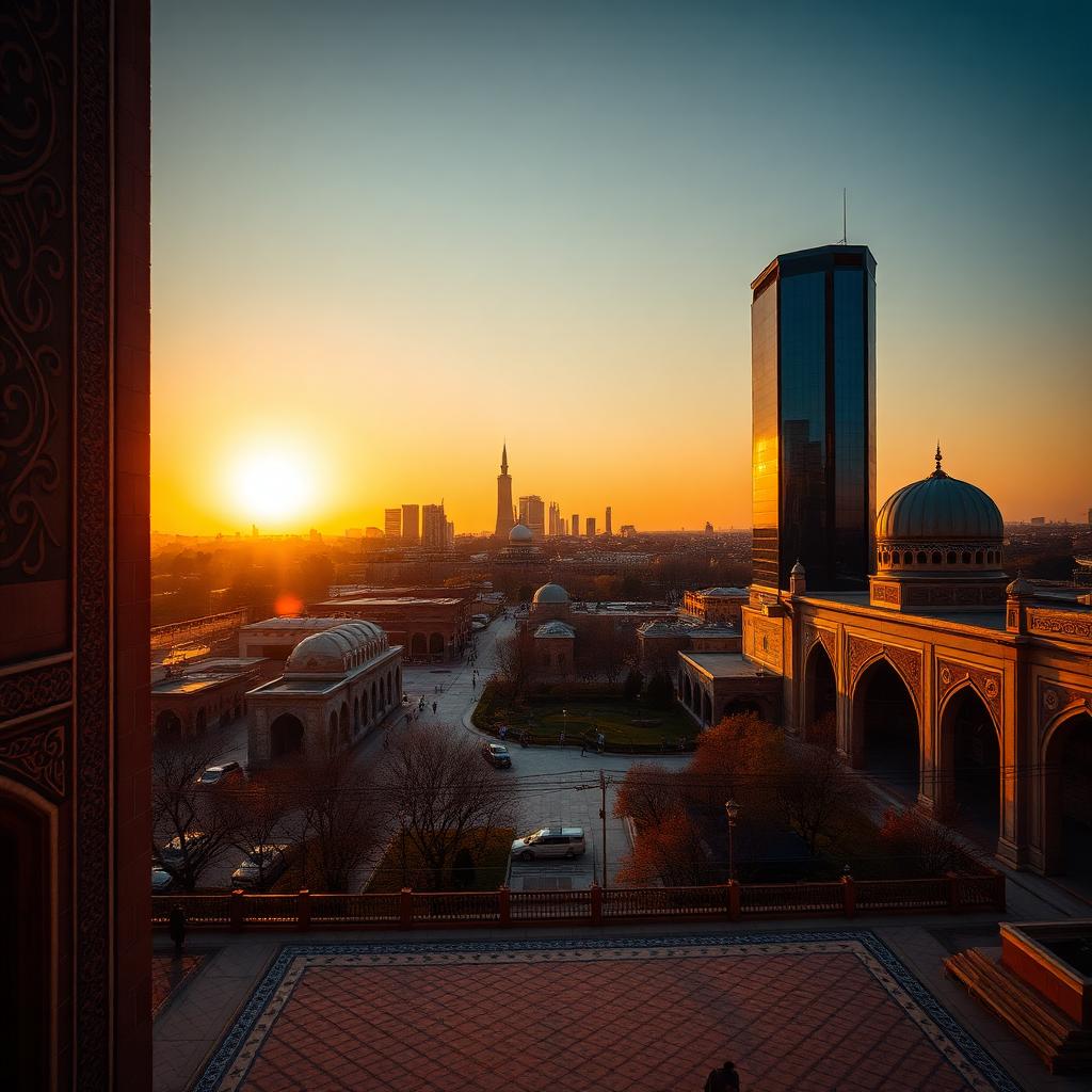 Tashkent skyline with traditional tilework at sunset